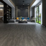 Huiskamer met SPC Beton Dark Room 4 de donkere betonvloer.