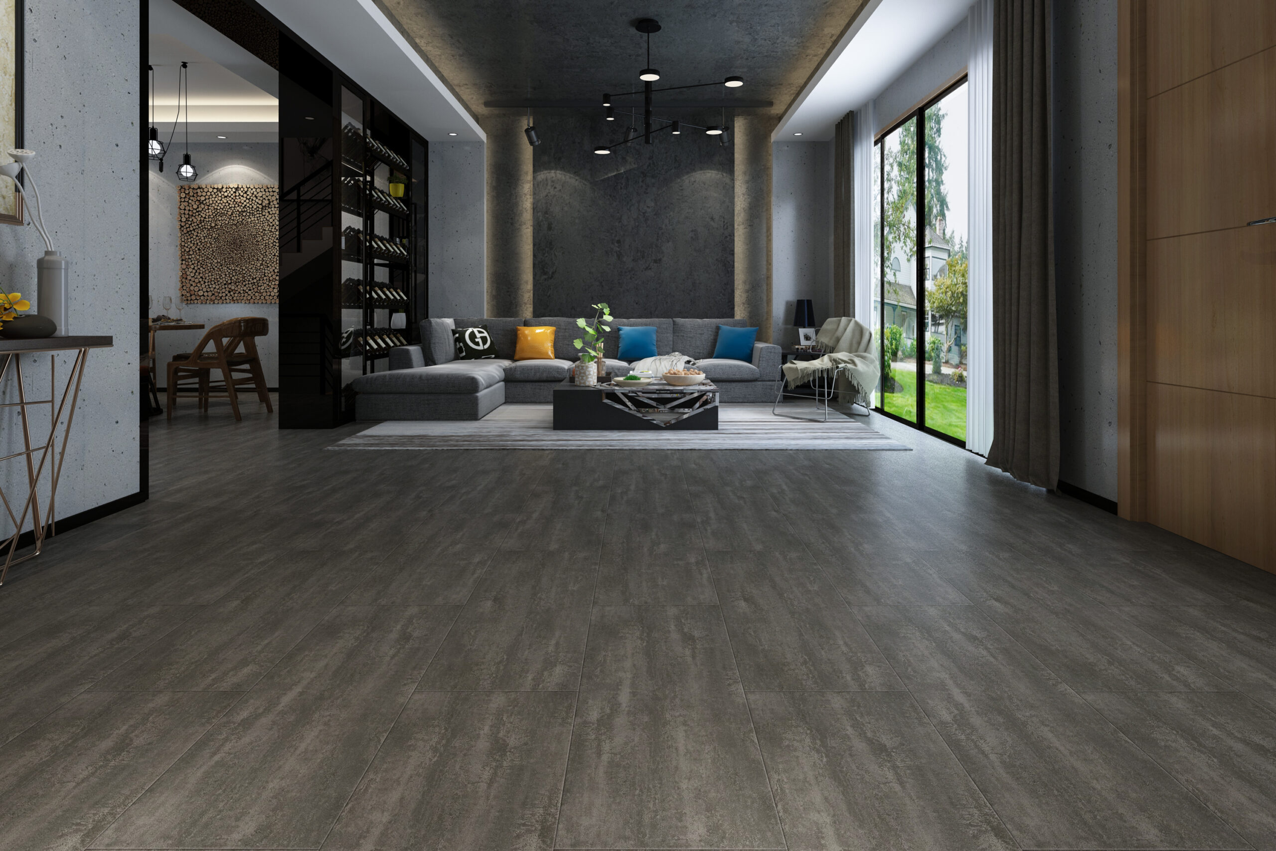 Huiskamer met SPC Beton Dark Room 4 de donkere betonvloer.