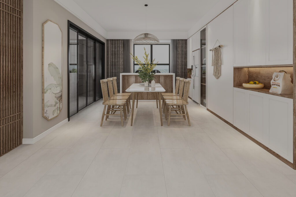 Huiskamer met SPC Beton Light Grey Room een lichtgrijze betonvloer. 