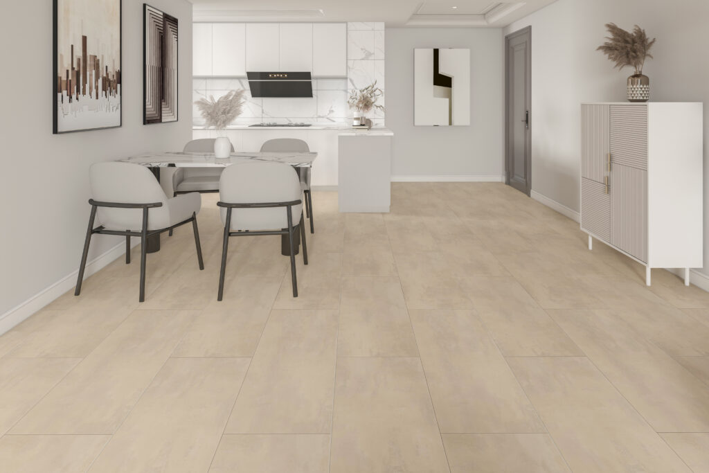 Woonkamer met SPC Beton Sand Room een zandkleurige betonvloer. 