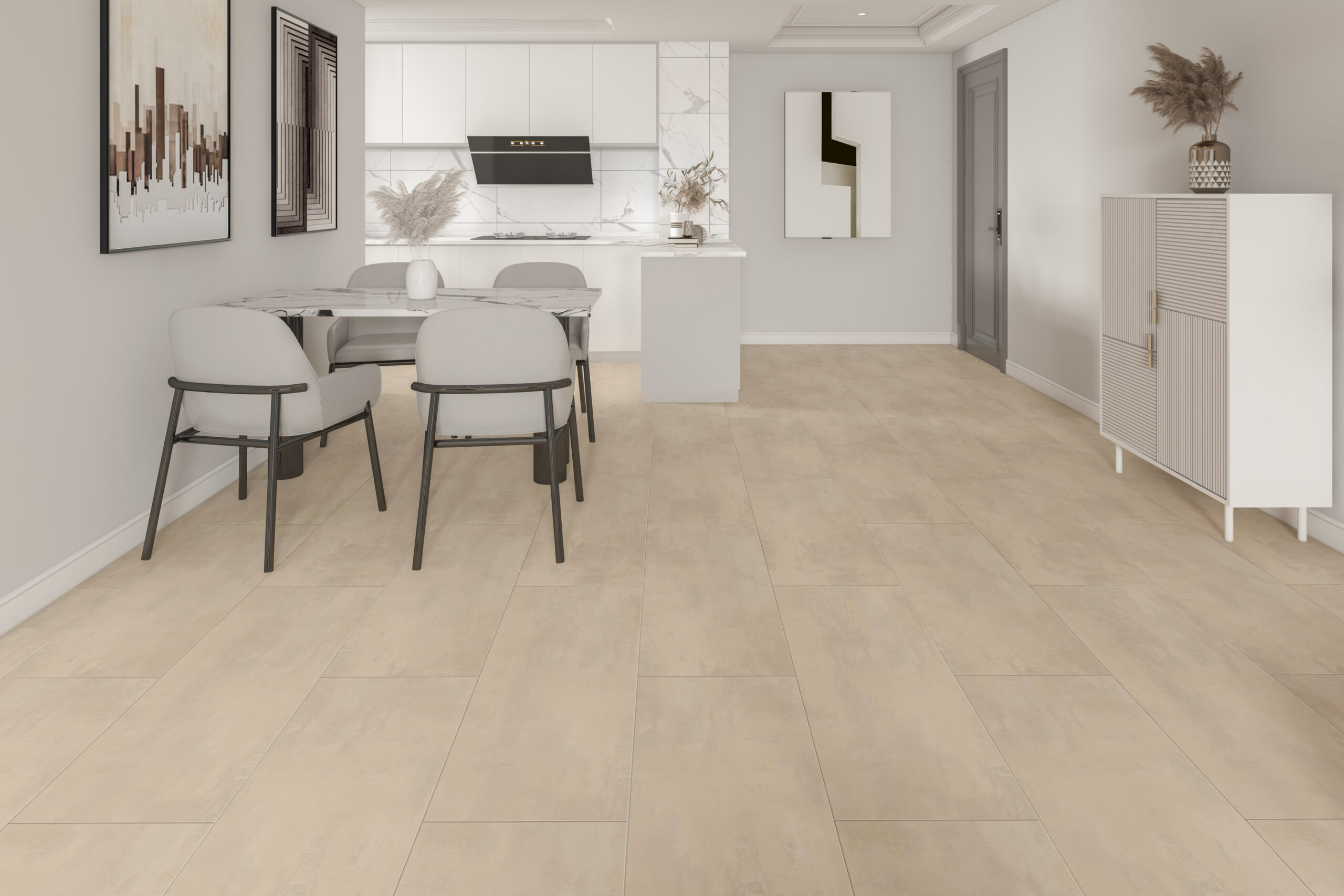 Woonkamer met SPC Beton Sand Room een zandkleurige betonvloer.