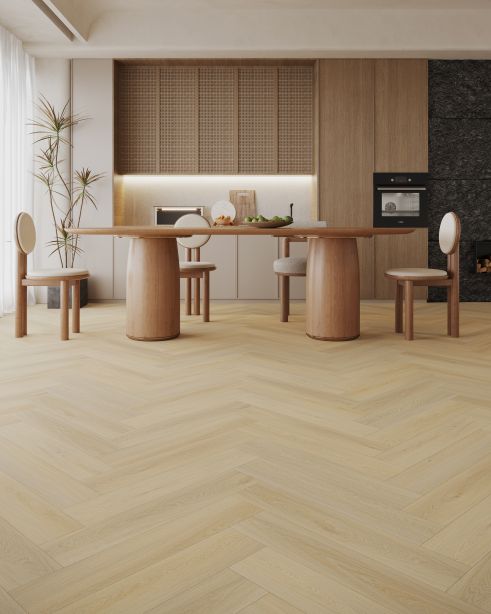 Vergaderruimte met naturel spc visgraat vloer.