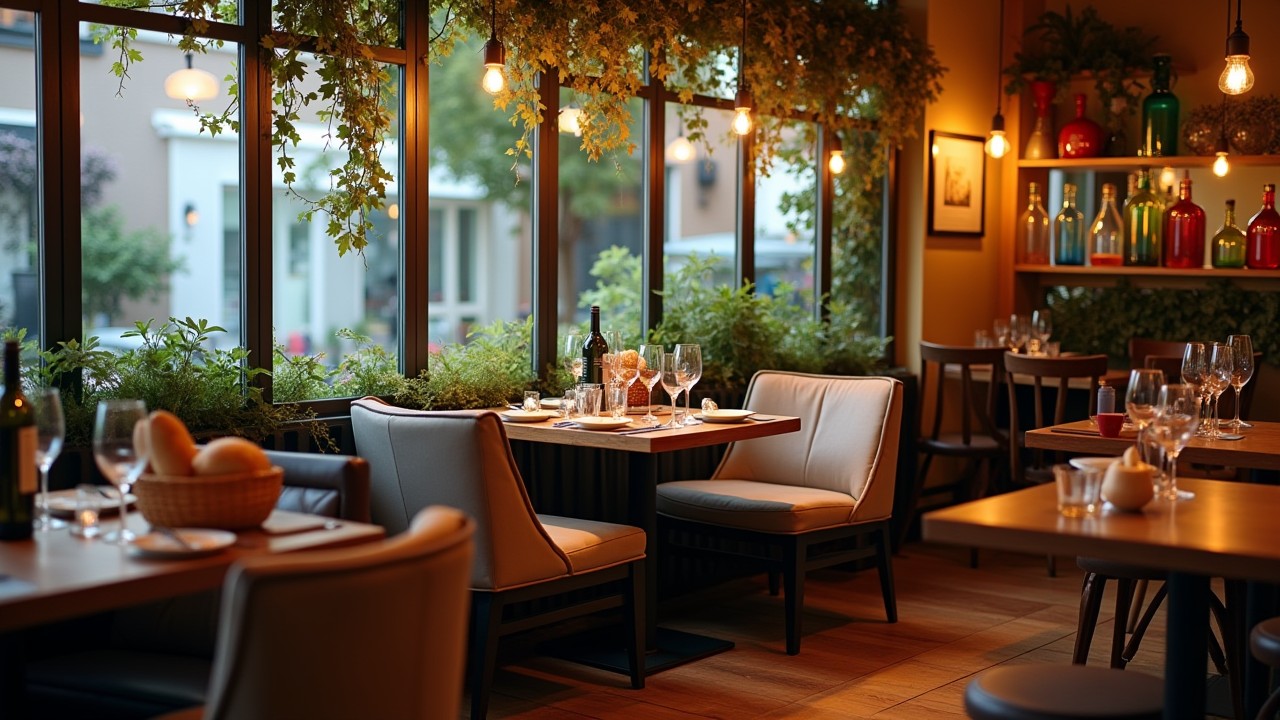 Restaurantsetting met groene planten en gezellige lichten en een houten restaurantvloer.