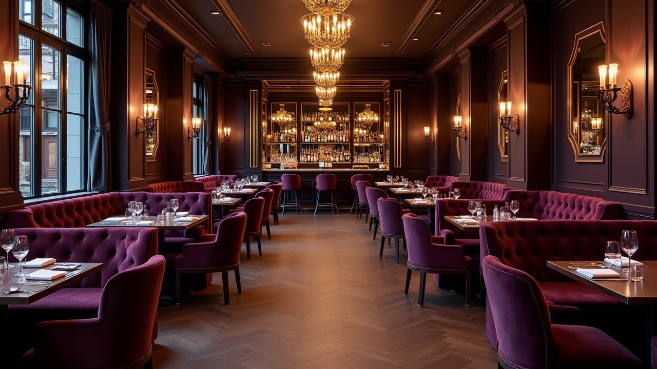 Hotel chic restaurant met paars fluwelen banken. Op de vloer ligt donker visgraat spc.