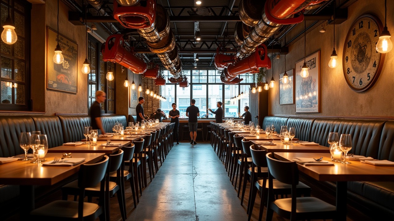 Industrieel restaurant met een betonlook vloer op de grond.