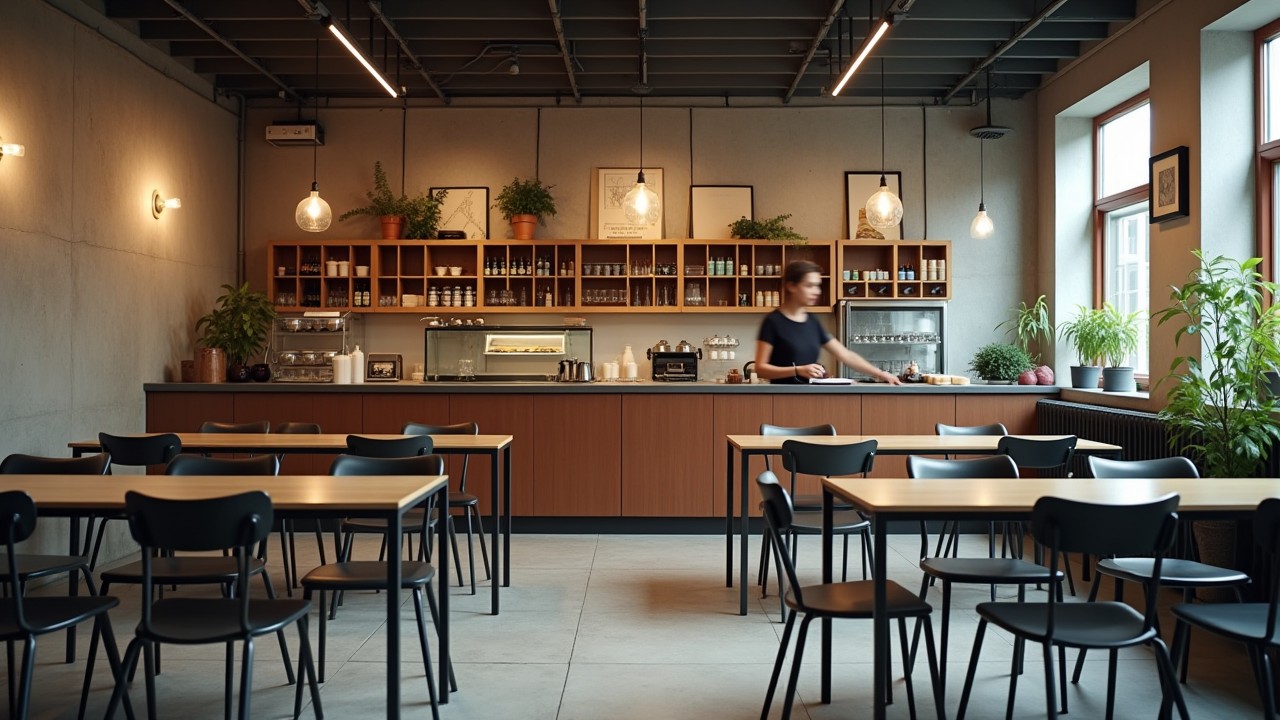 Industrieel ingerichte lunchroom met een horeca tegels op de vloer in het grijs.