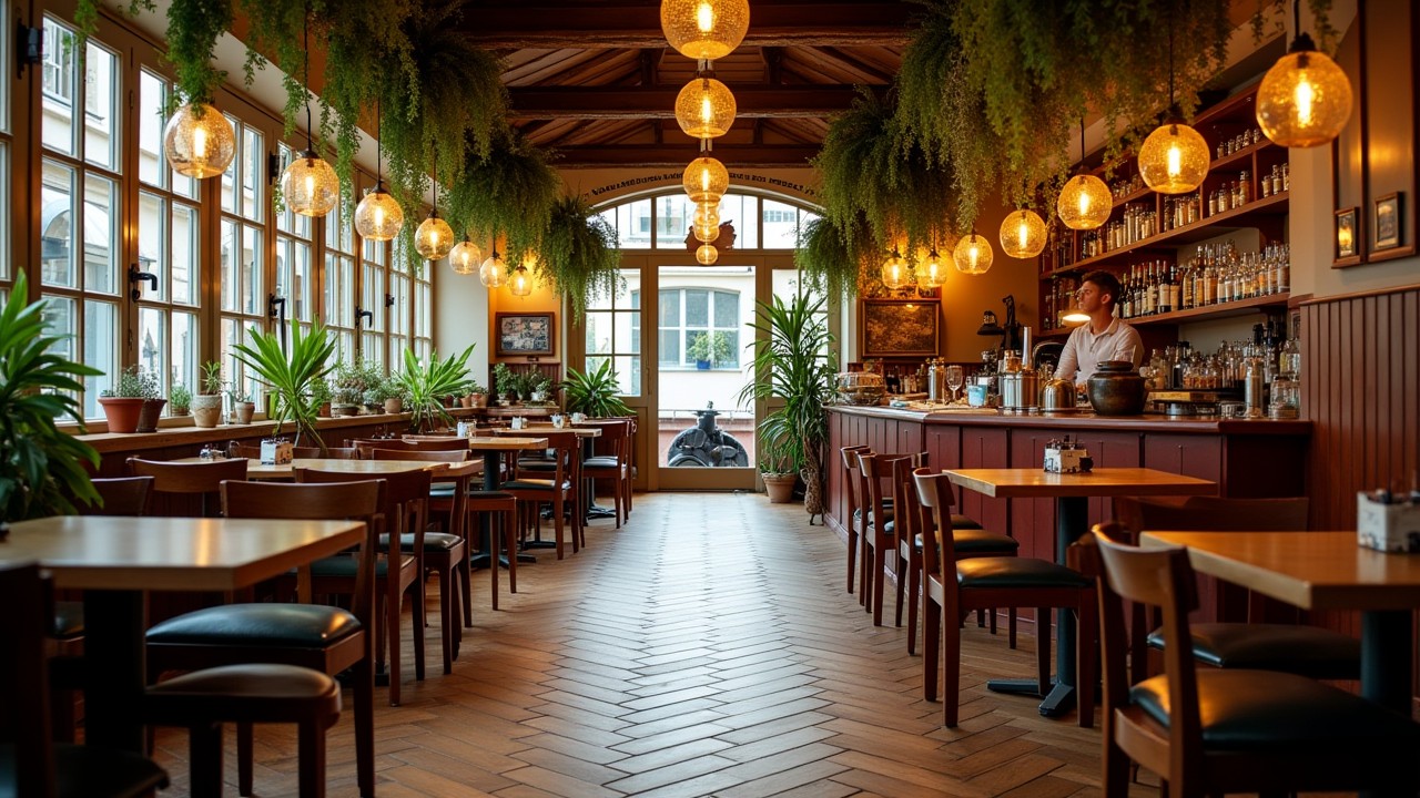 Frans café met een visgraatvloer erin. Aan de zijkanten staan allemaal tafeltjes.